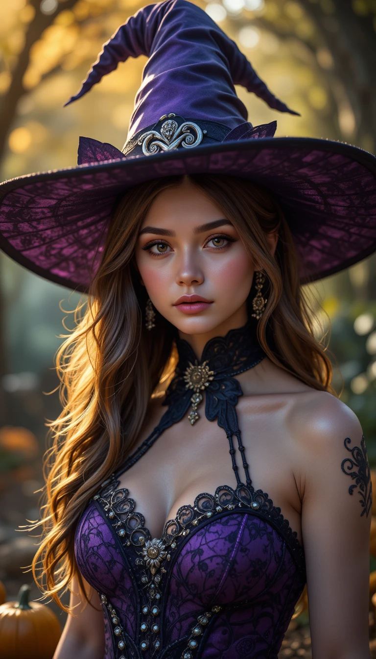 Elegante Hexe im lila Kleid auf einer Halloween-Party