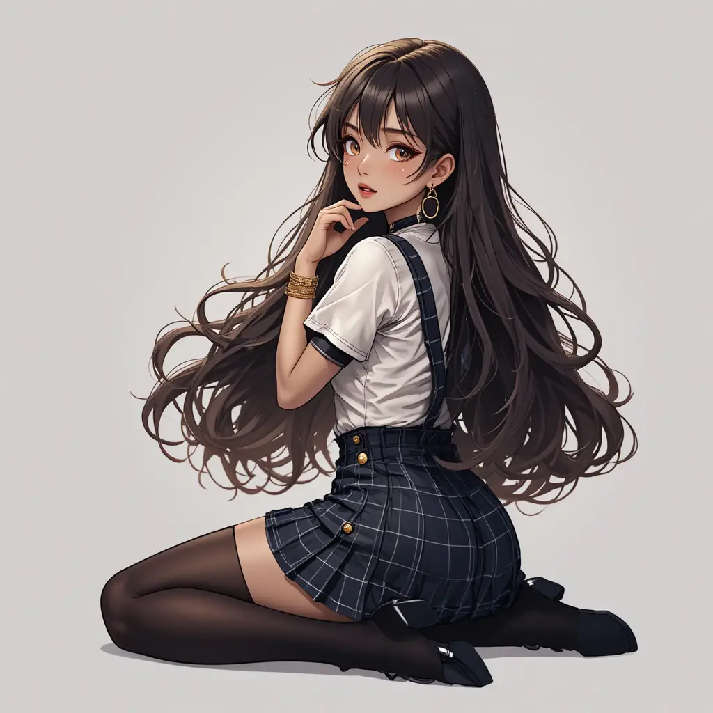 Shy anime girl sitting alone in school uniform