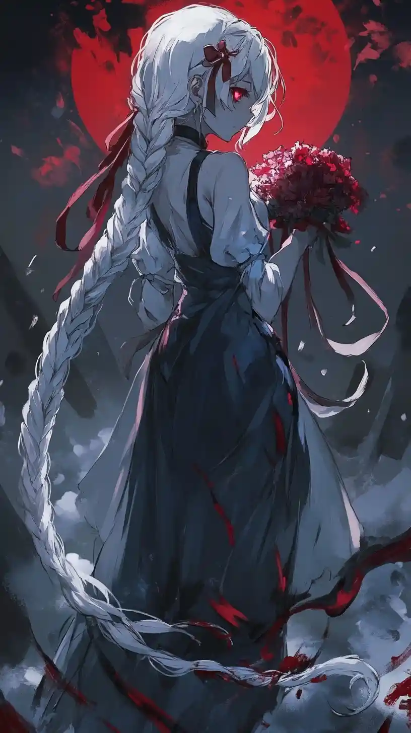 Anime girl with long white braids in stained outfit