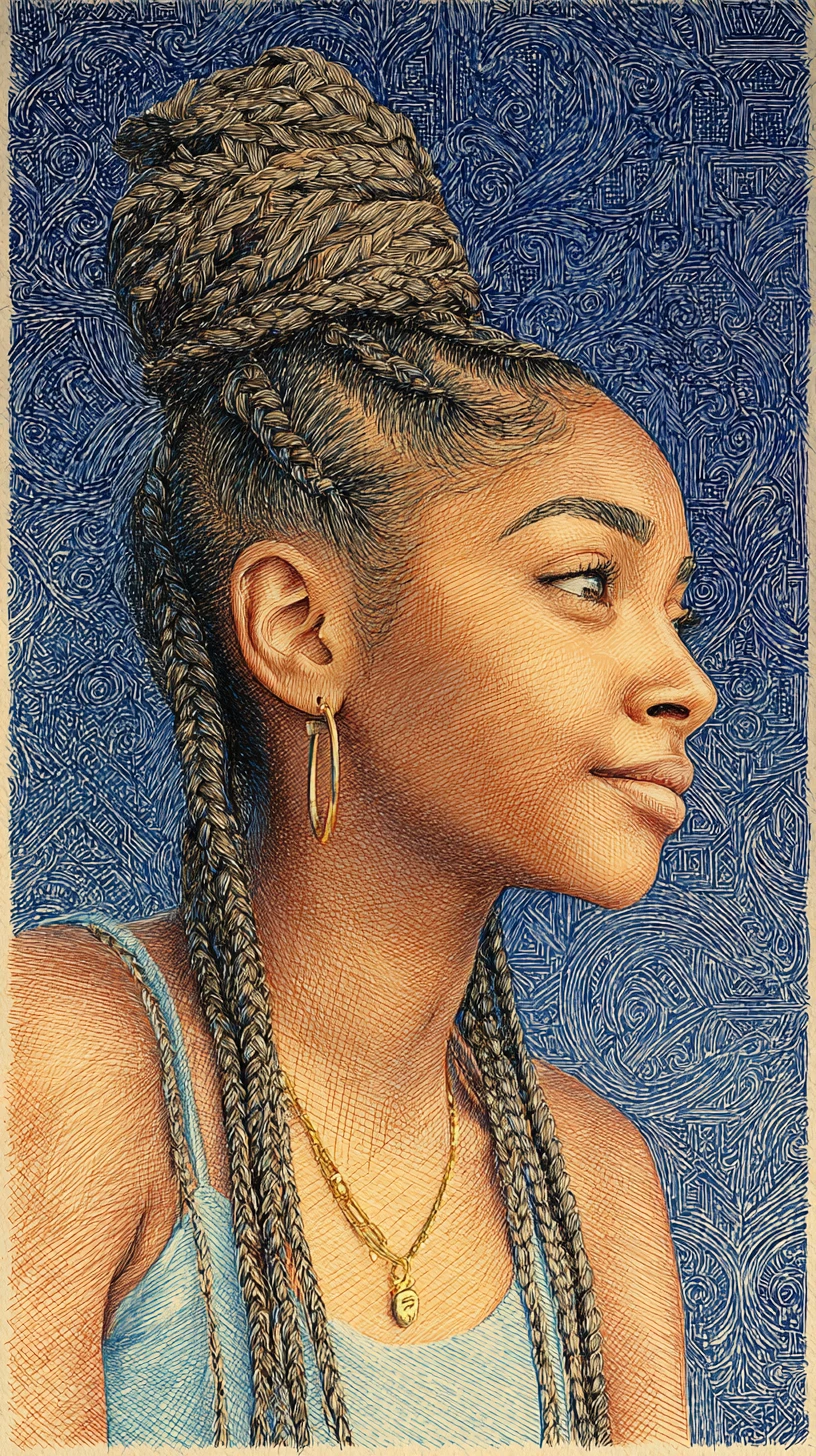Colored pencil portrait of a young woman with braids
