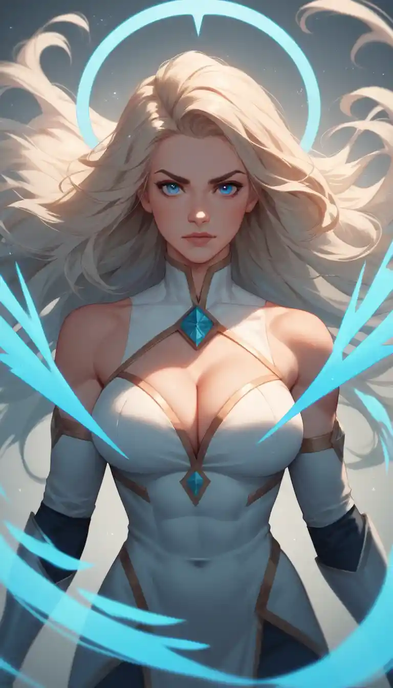 Confident anime heroine with flowing platinum blonde hair