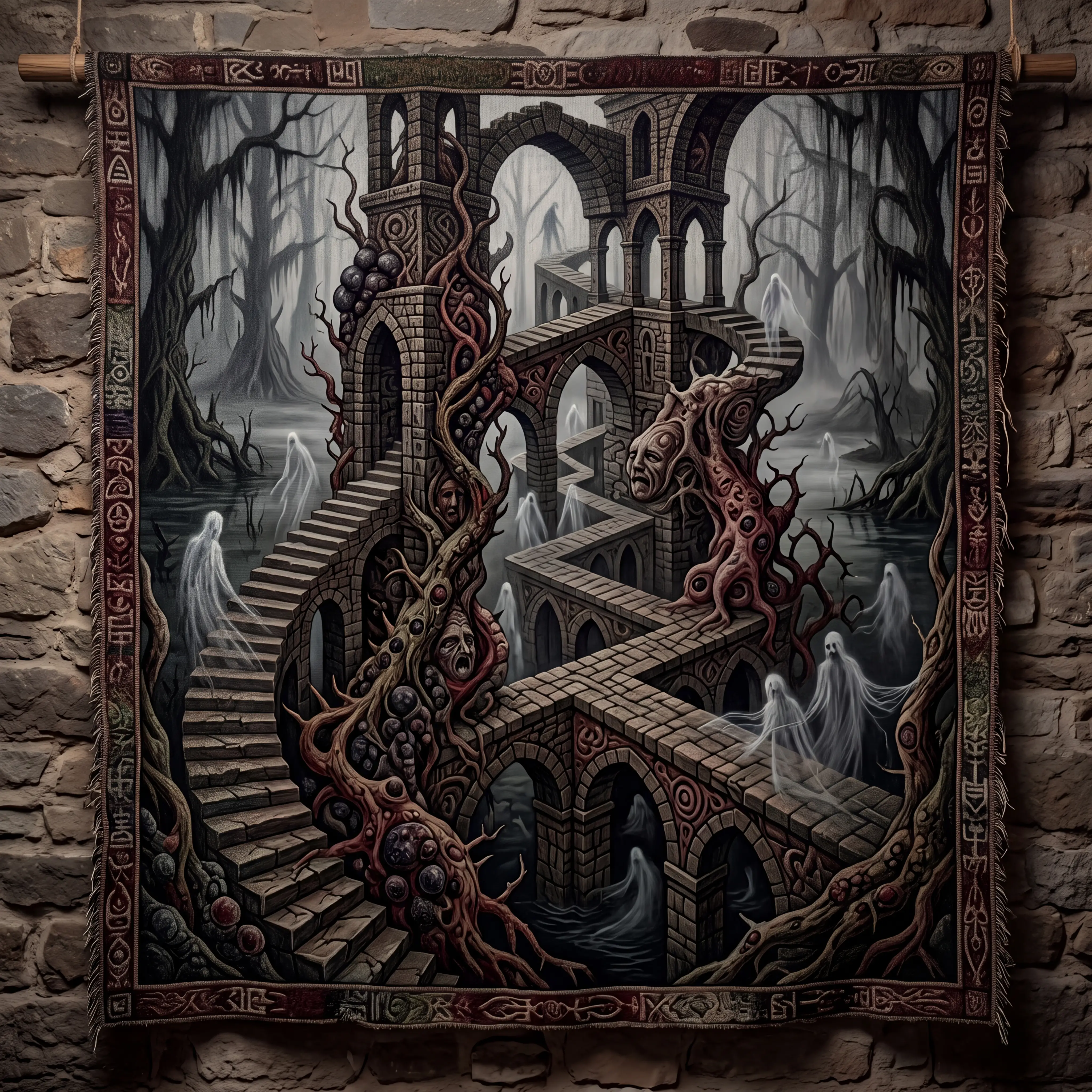 Surreal labyrinth of organic forms in a misty swamp