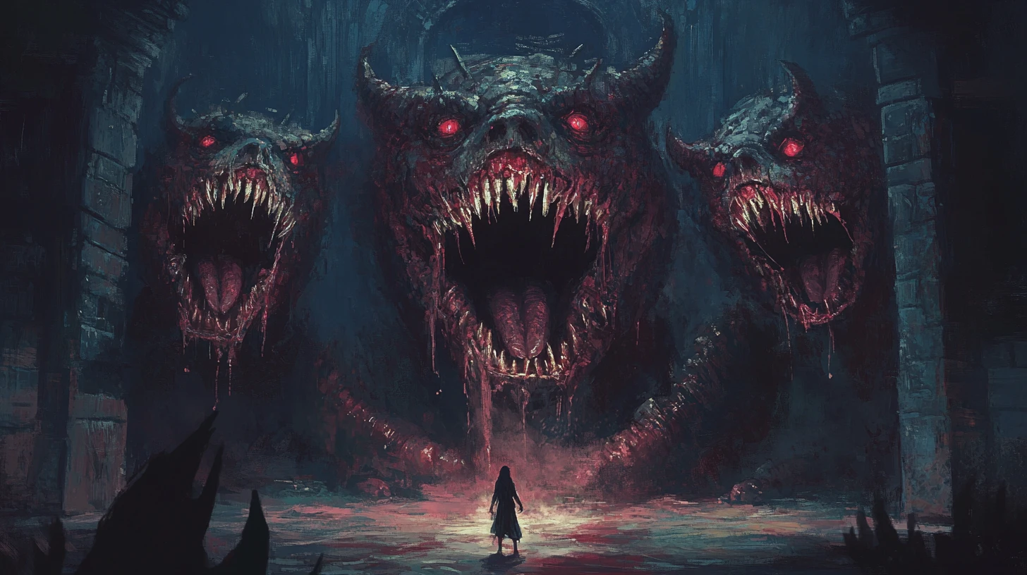 Three headed hell hound confronting a terrified woman