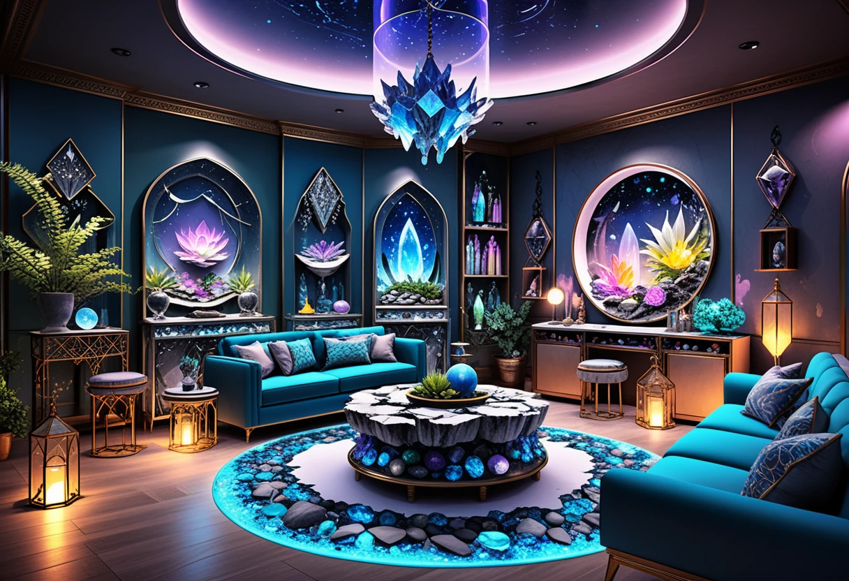 Mystical lounge with crystal displays and neon zodiac decor
