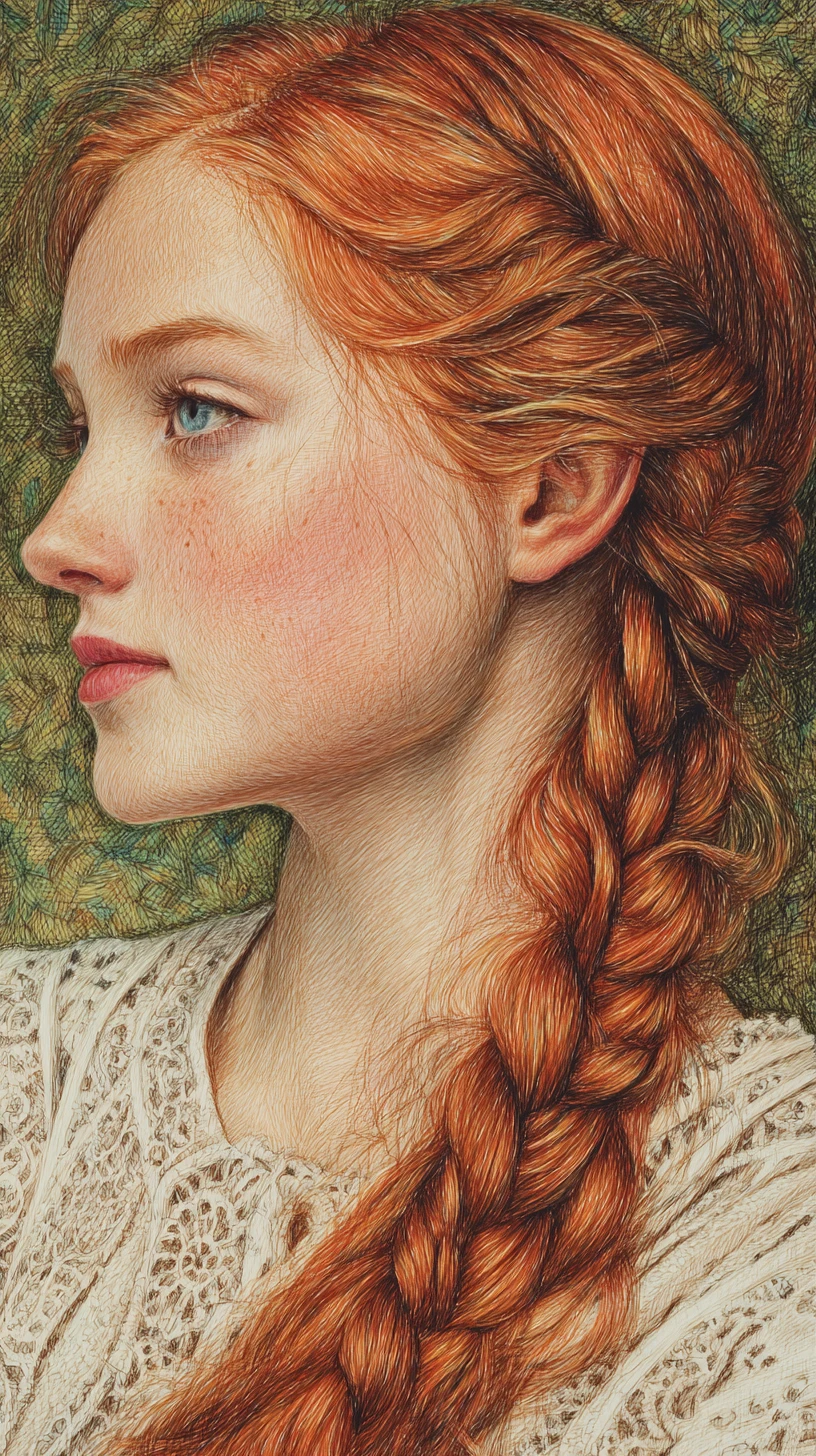 Red haired girl in lace dress colored pencil portrait