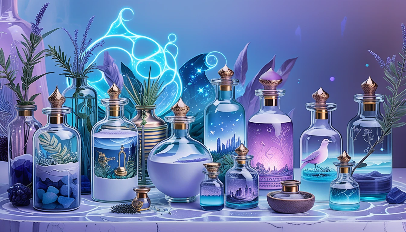 Enchanted apothecary with whimsical potion bottles and labels
