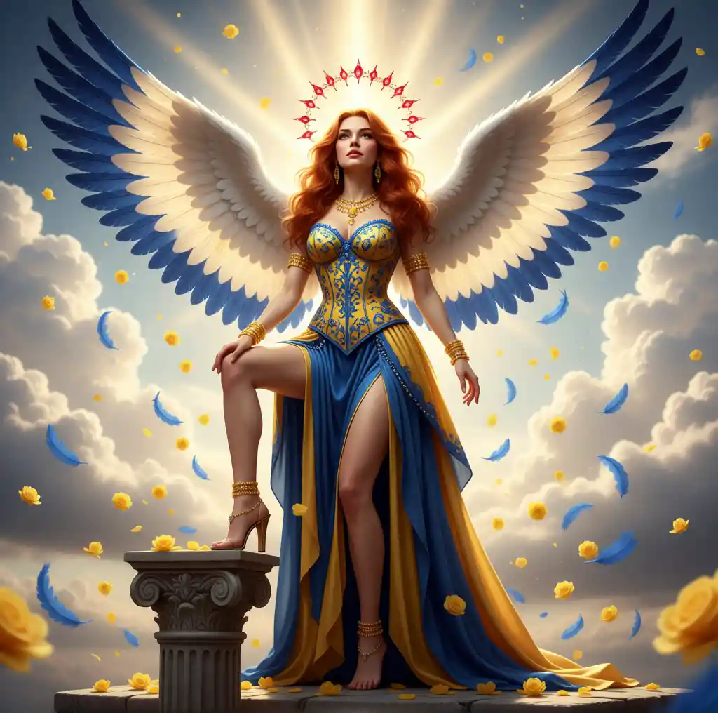 Angelic woman with blue wings on a sunlit stone pedestal