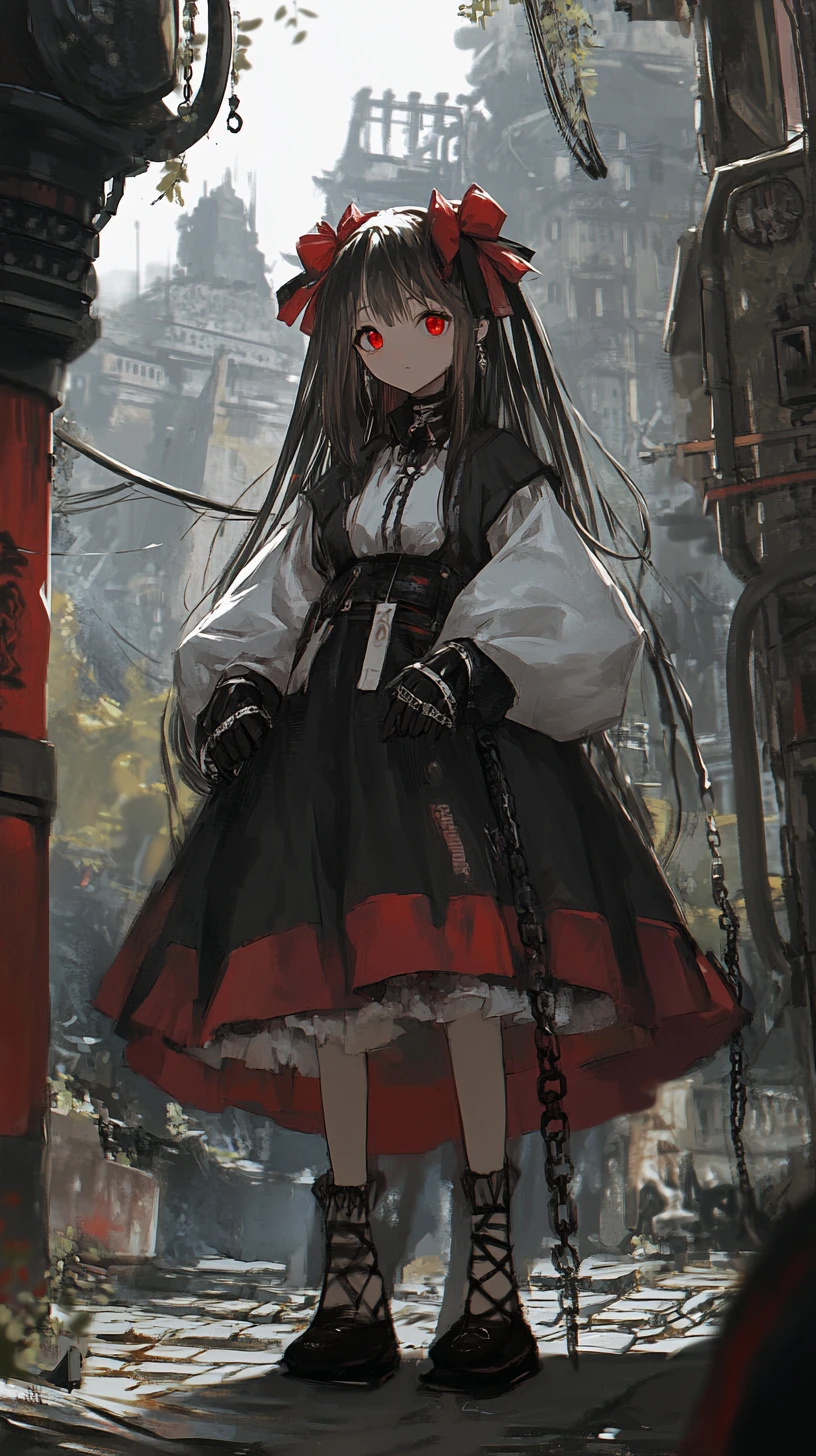 Anime girl with red bow and chains in dark outfit