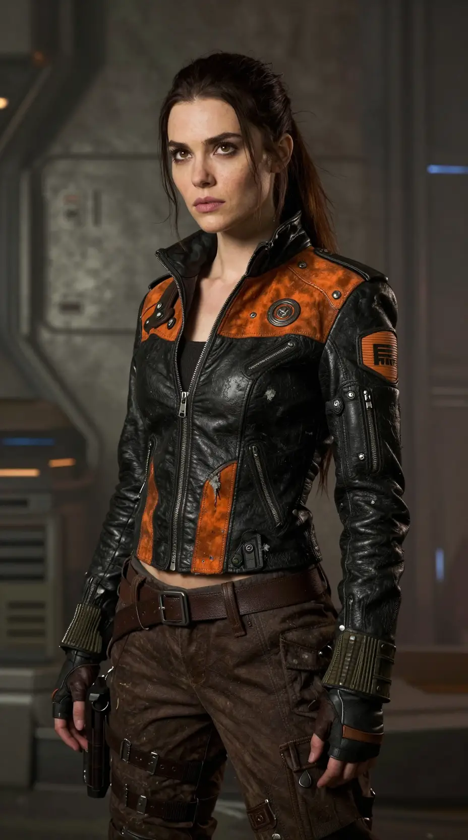 Sci fi woman warrior in gritty futuristic city street