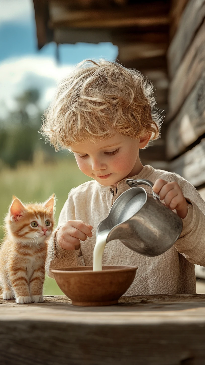 Young boy pouring milk for a kitten outdoors