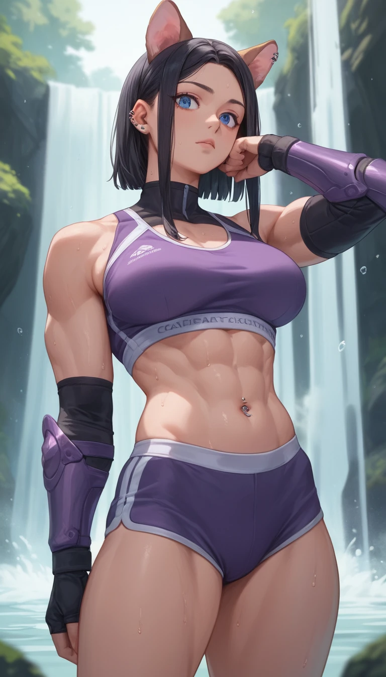 Athletic anime woman with dog ears in dark armor