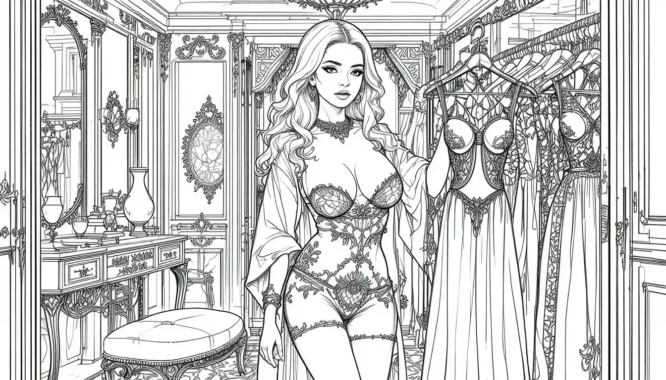 Glamorous blonde woman choosing dresses in walk in closet