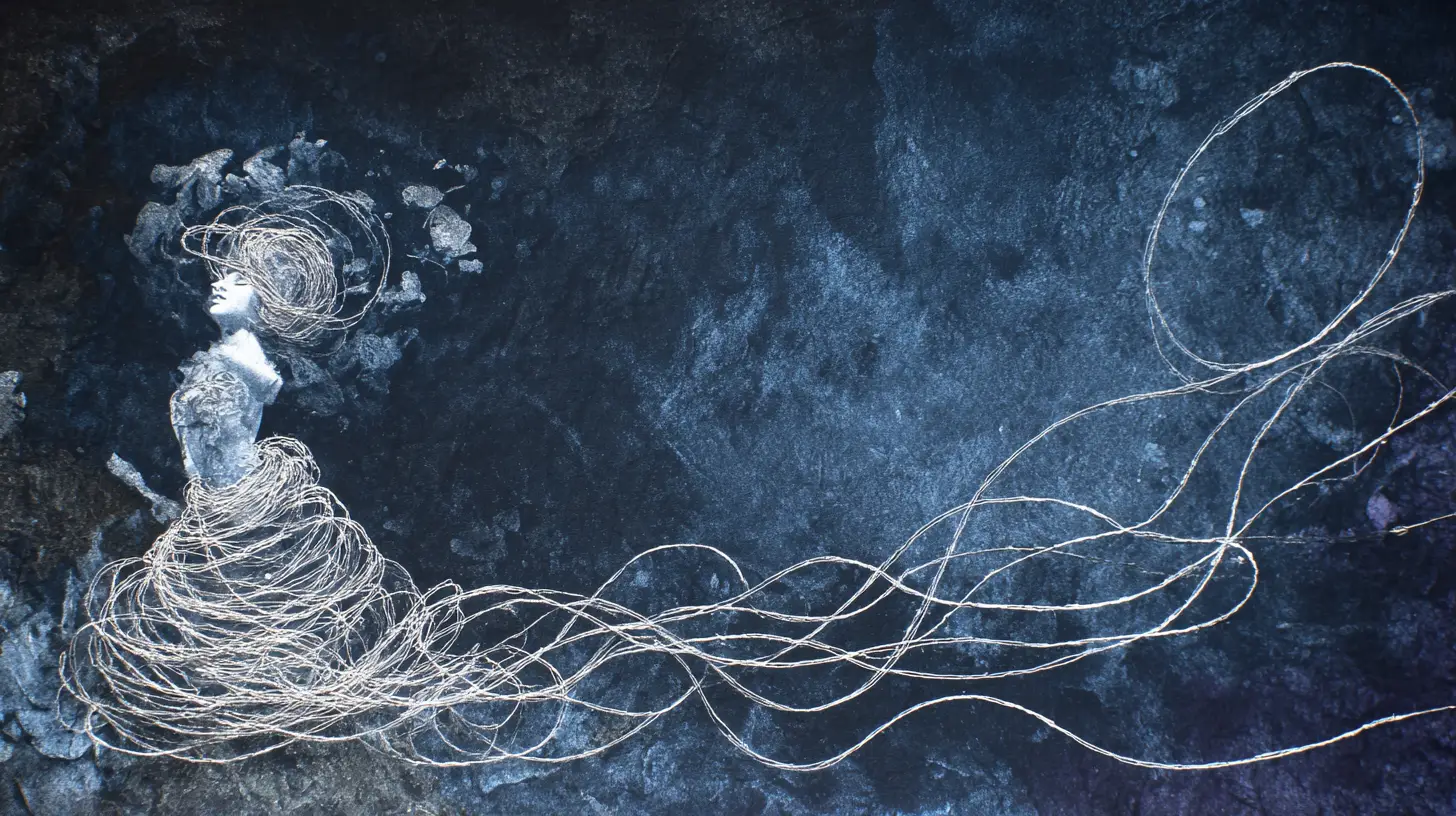 Ethereal woman dissolving into spiraling silver threads