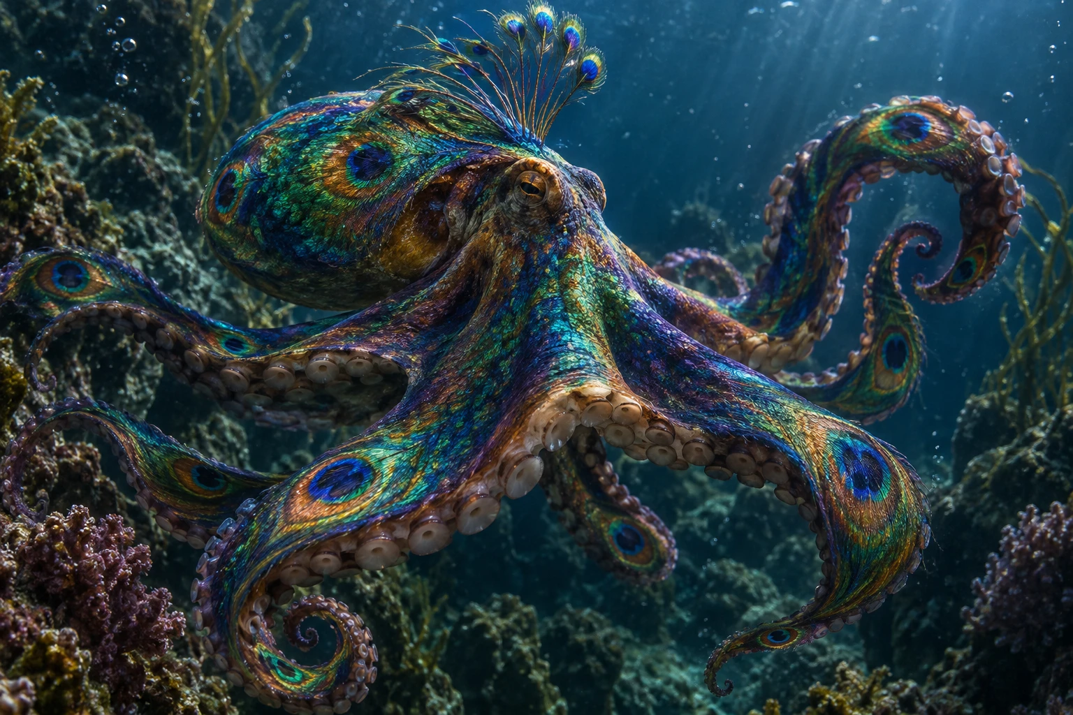 Poulpe photoréaliste aux couleurs de paon dans les profondeurs marines
