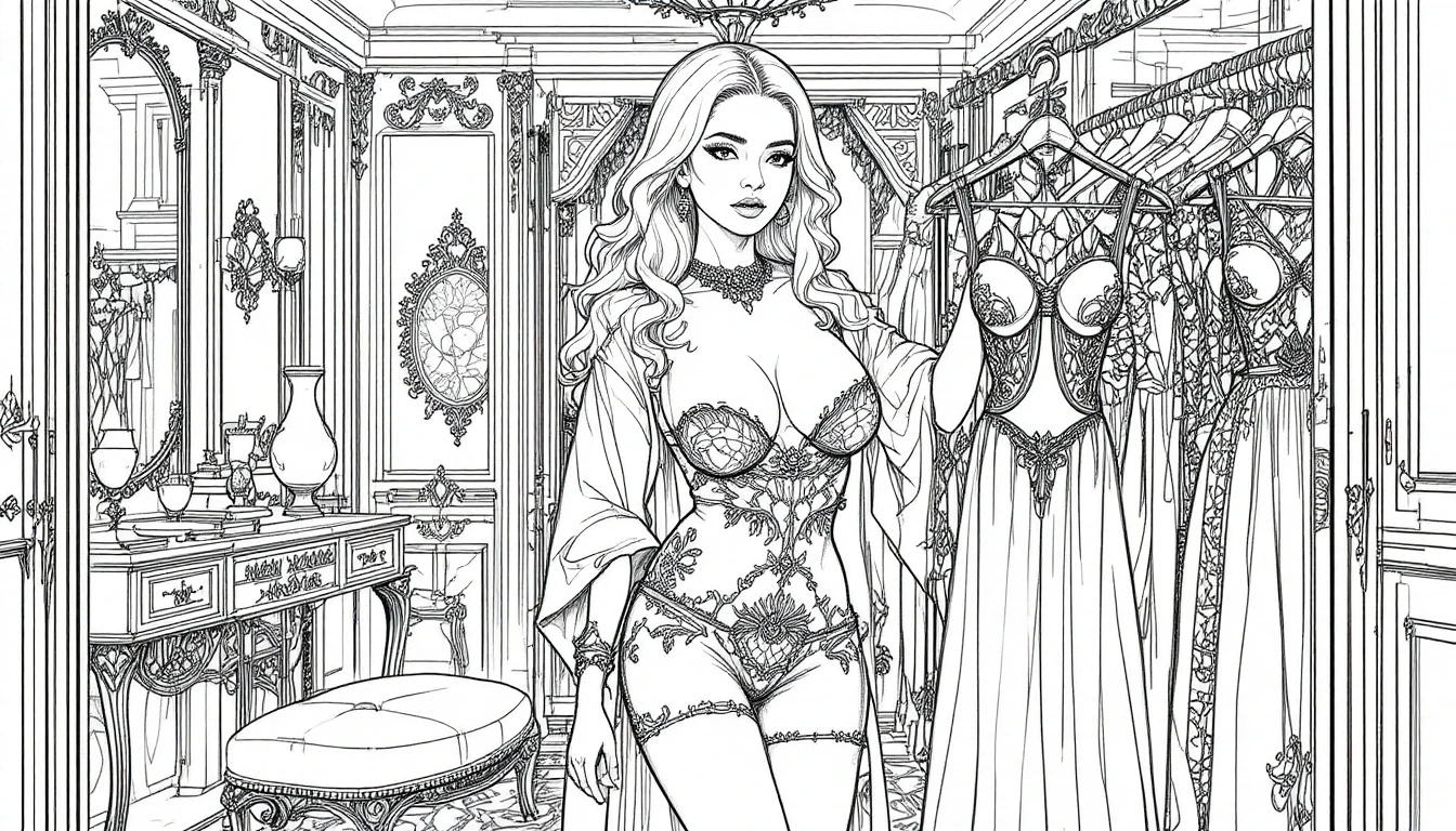 Glamorous blonde woman choosing dresses in walk in closet