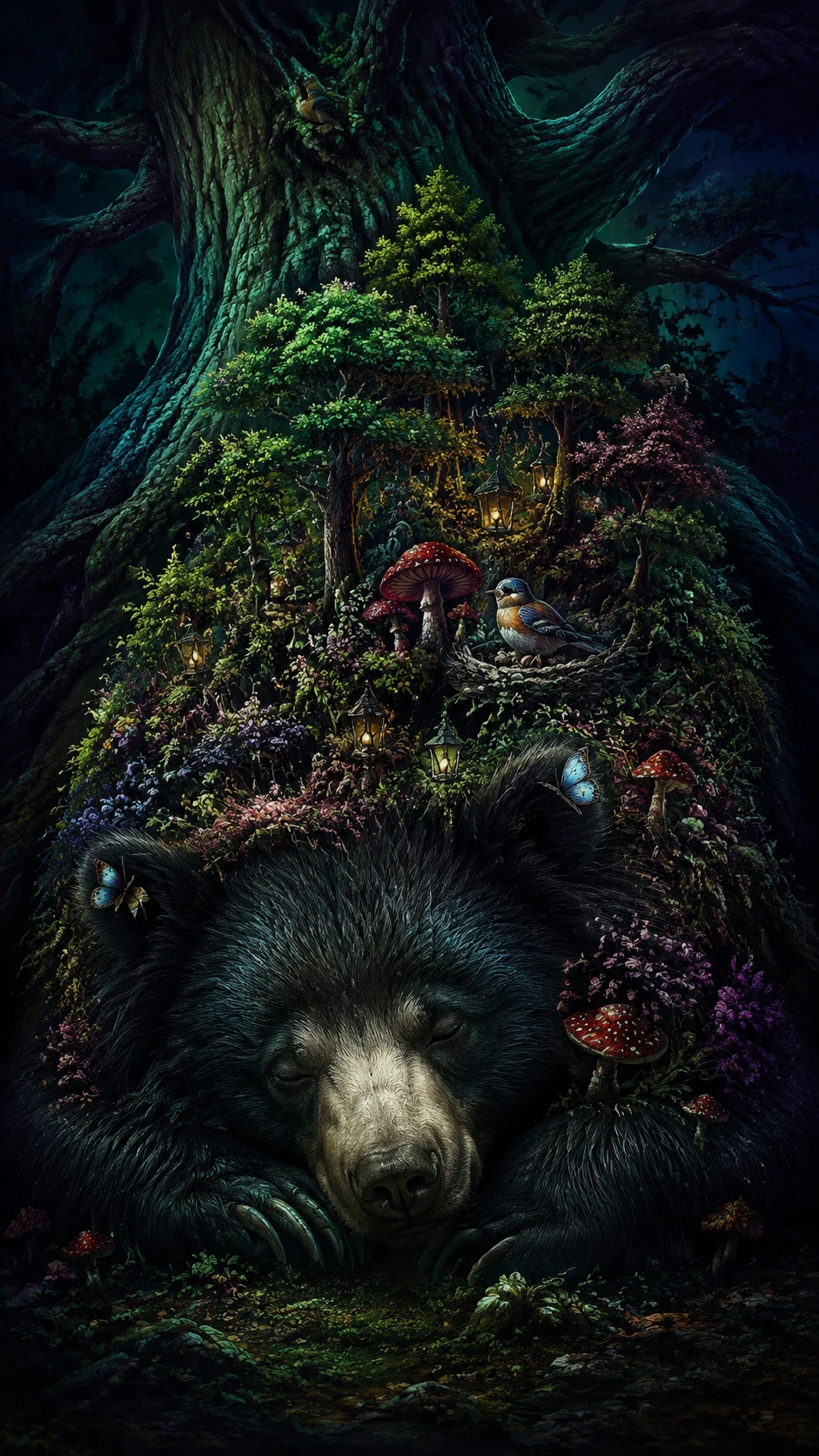 Oso perezoso dormido con un diminuto bosque encantado sobre la espalda