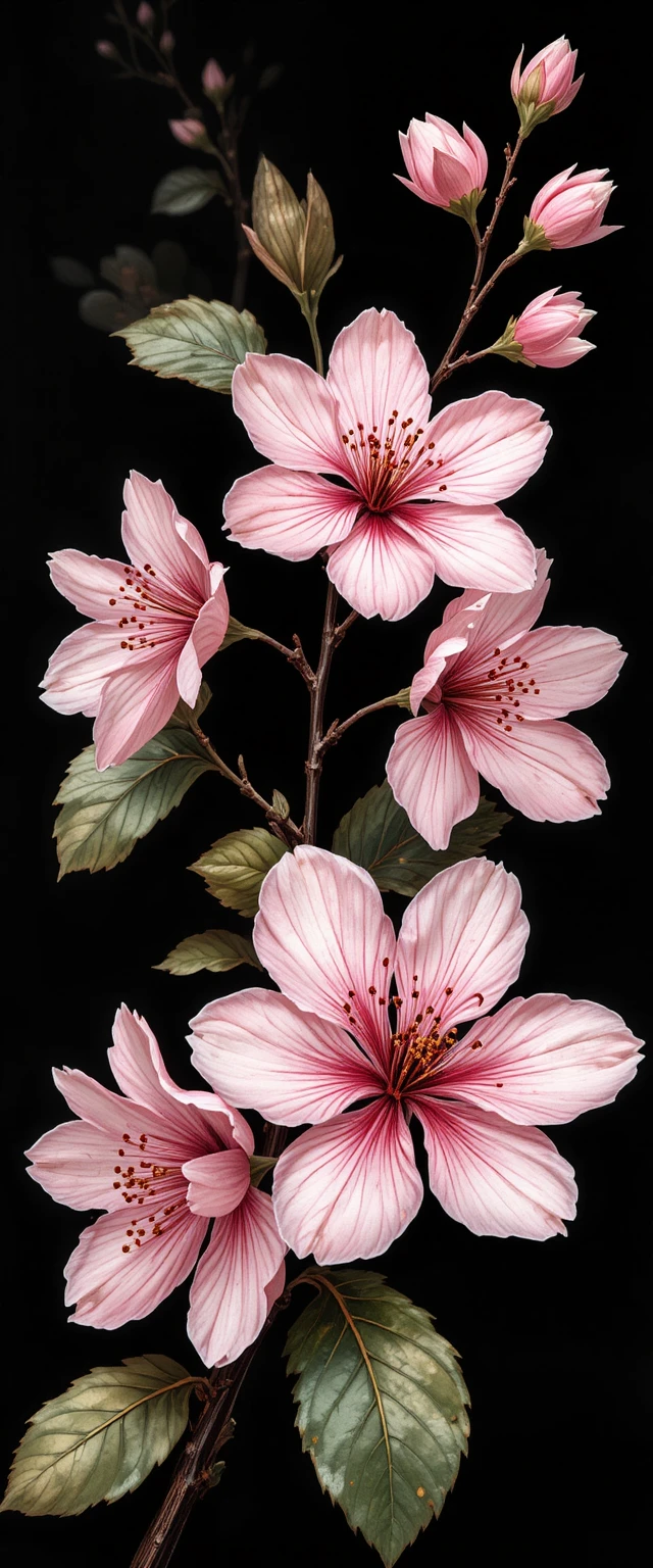 Cherry blossom botanical illustration on black background