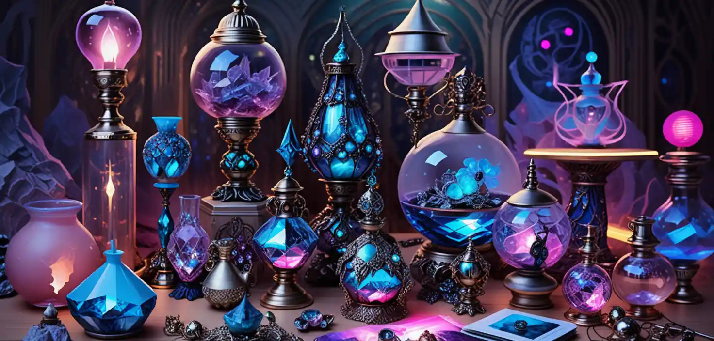 Fantasy tabletop crystals and magical apothecary objects