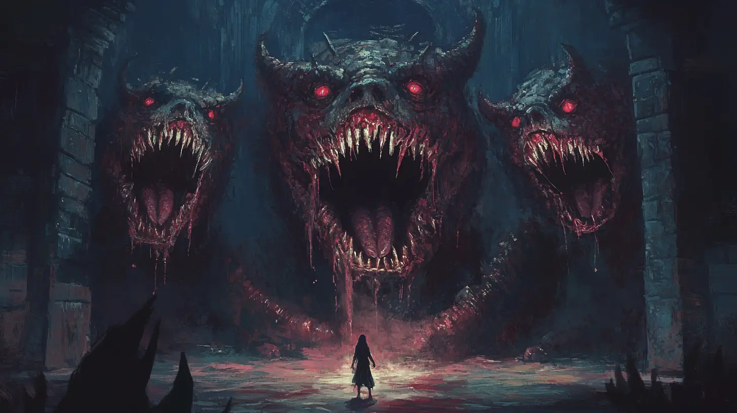 Three headed hell hound confronting a terrified woman