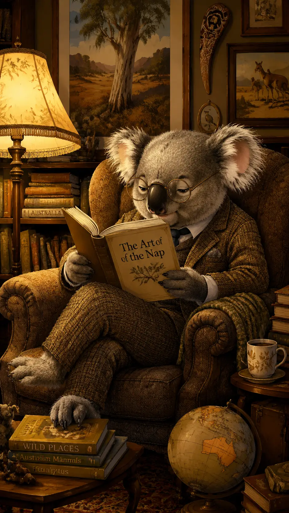 Koala like man reading in a cosy study armchair