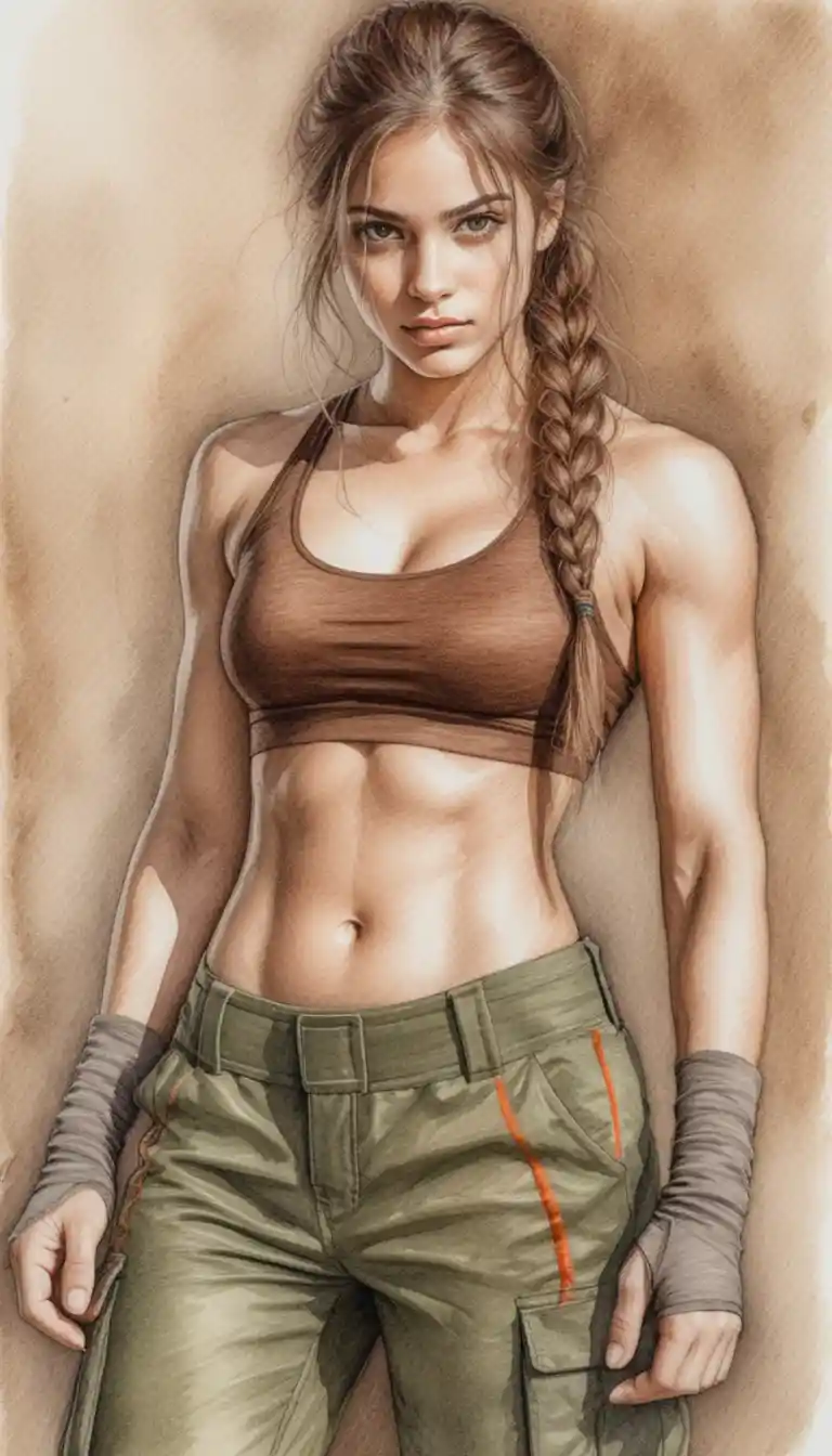 Intense athletic girl portrait in textured pencil drawing