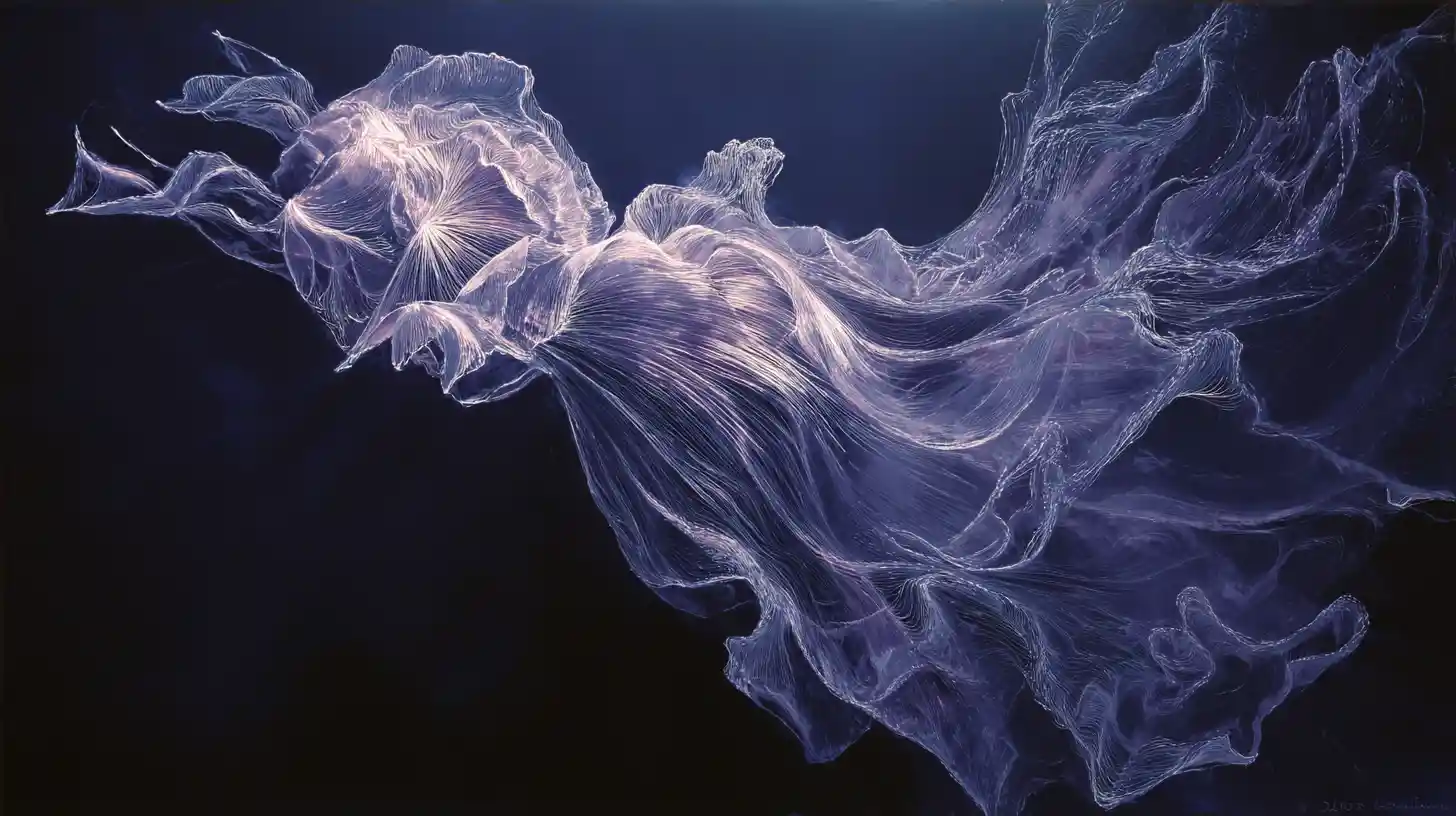 Donna eterea che si dissolve in fili d’argento a spirale