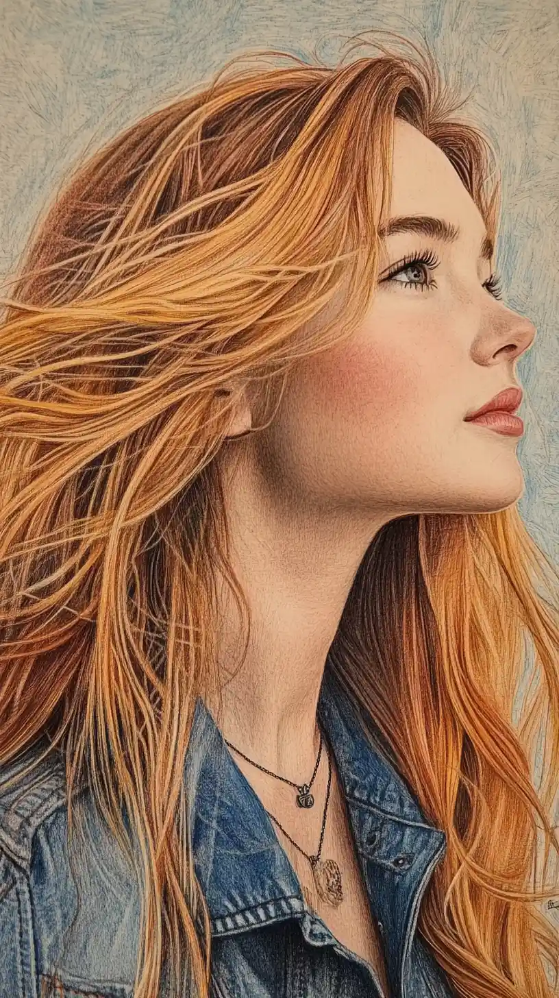 Low angle portrait of a smiling girl in colored pencil
