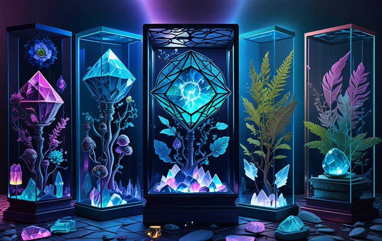 Crystal relics displayed in an ornate neon glass showcase