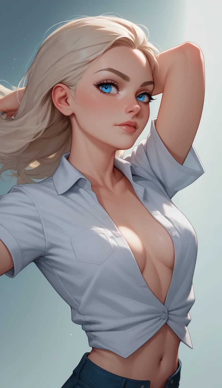 Selbstbewusste Anime-Heldin mit strahlend blauen Augen und wallendem Haar
