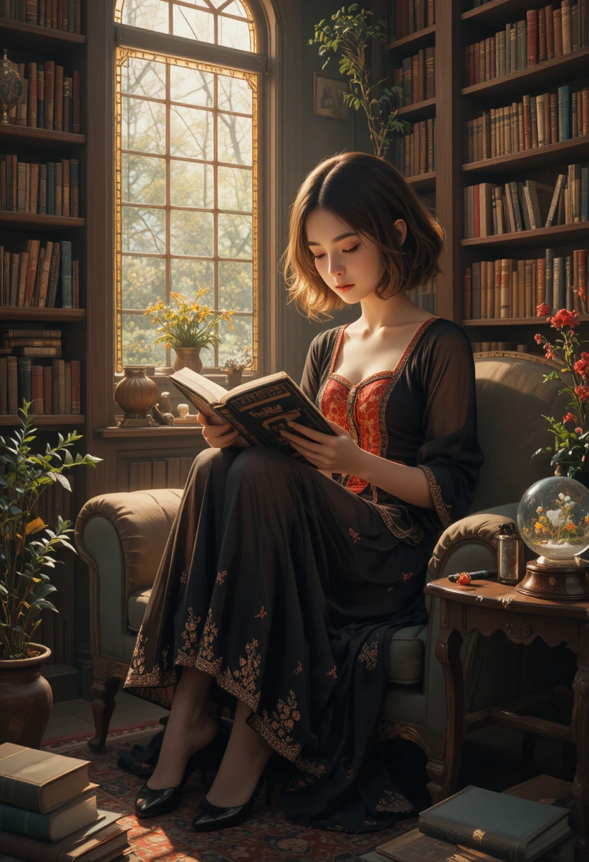 Frau liest in einer gemütlichen, sonnenbeschienenen Vintage‑Bibliothek