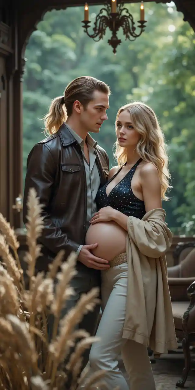 Pregnant blonde woman in black lingerie in warm indoor light