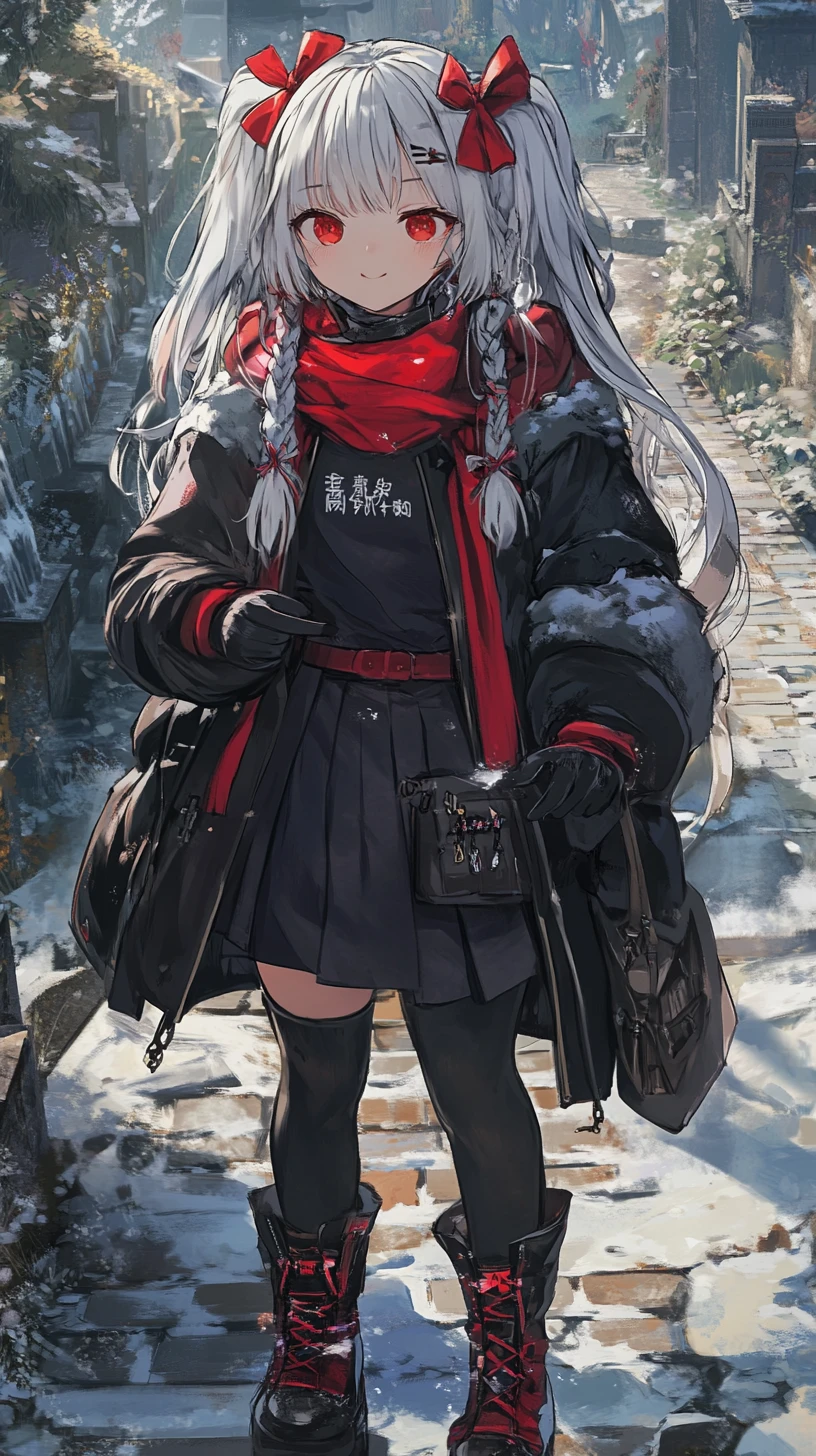 Anime girl walking toward a vast circular stone temple