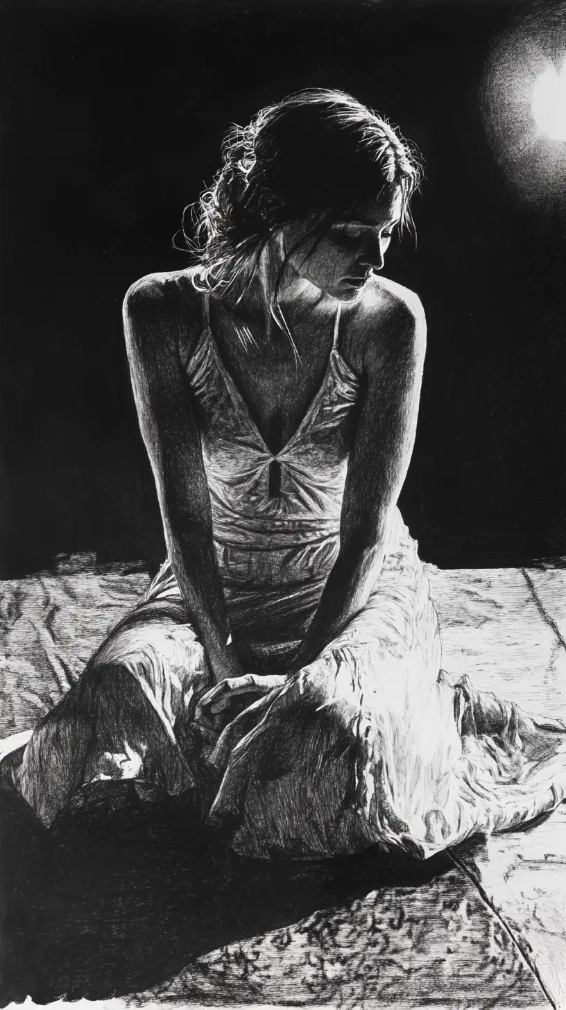 Elegant woman crouching in graphite chiaroscuro night drawing