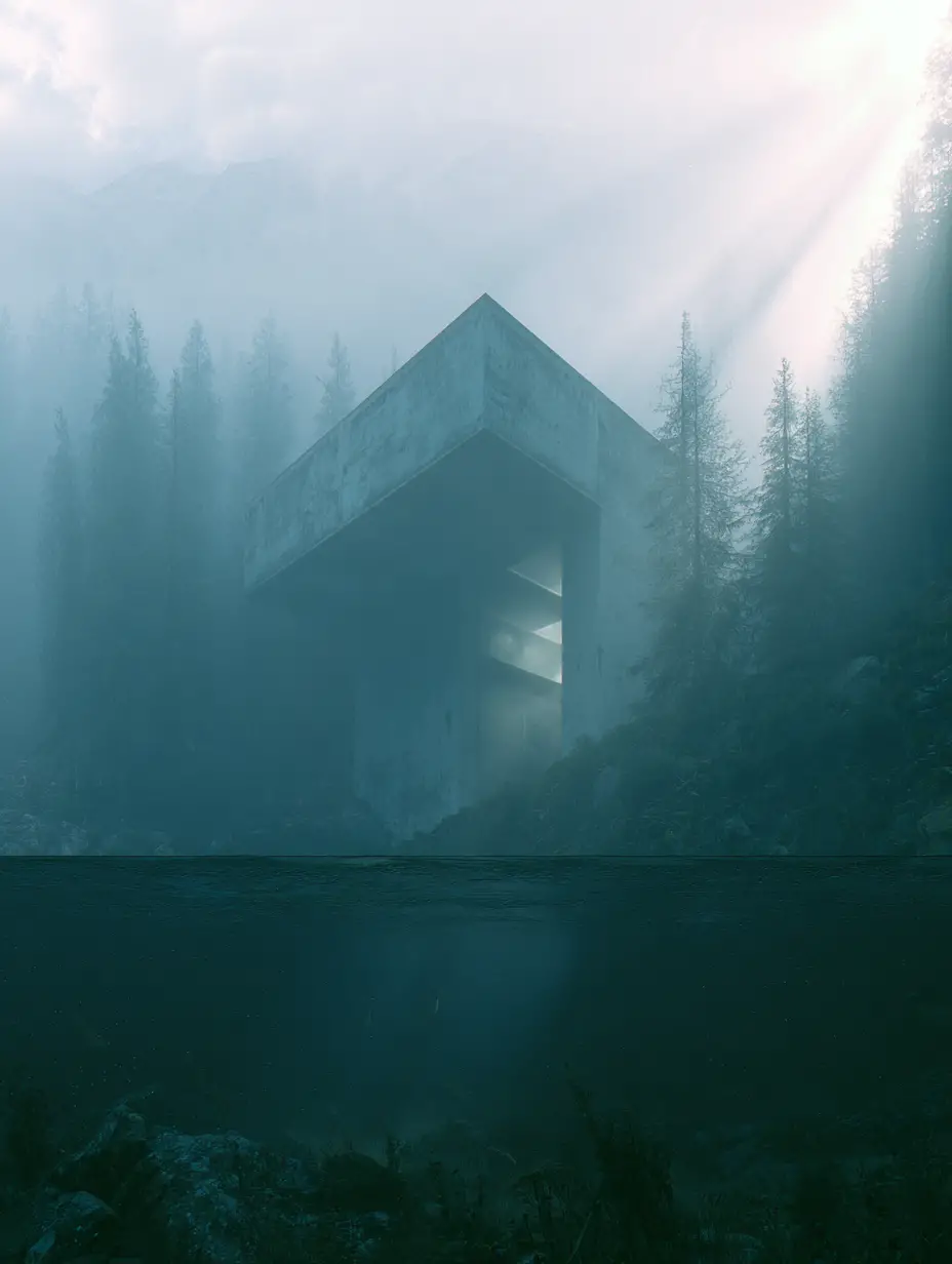 Arquitetura de concreto enevoada sobre uma floresta montanhosa