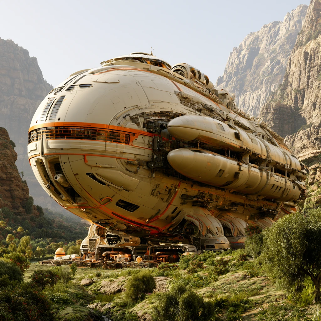Gigantic cargo spaceship landed in a lush mountain valley