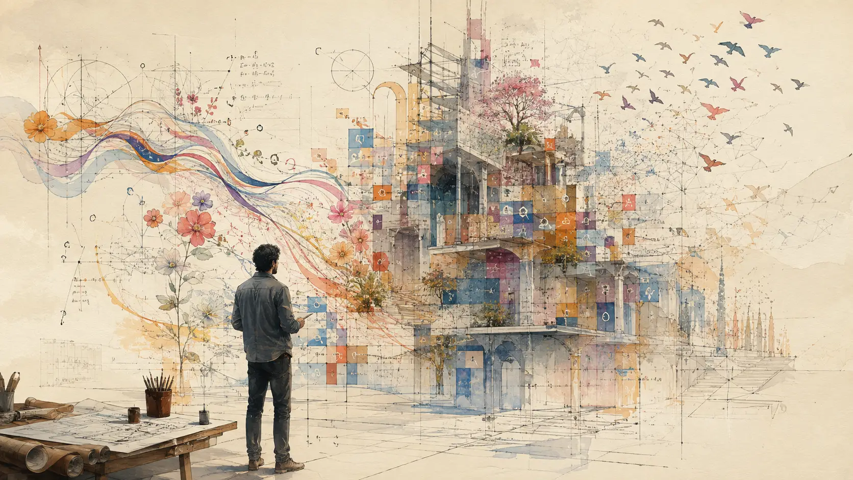 Architect watching an unfinished structure emerge from living plans