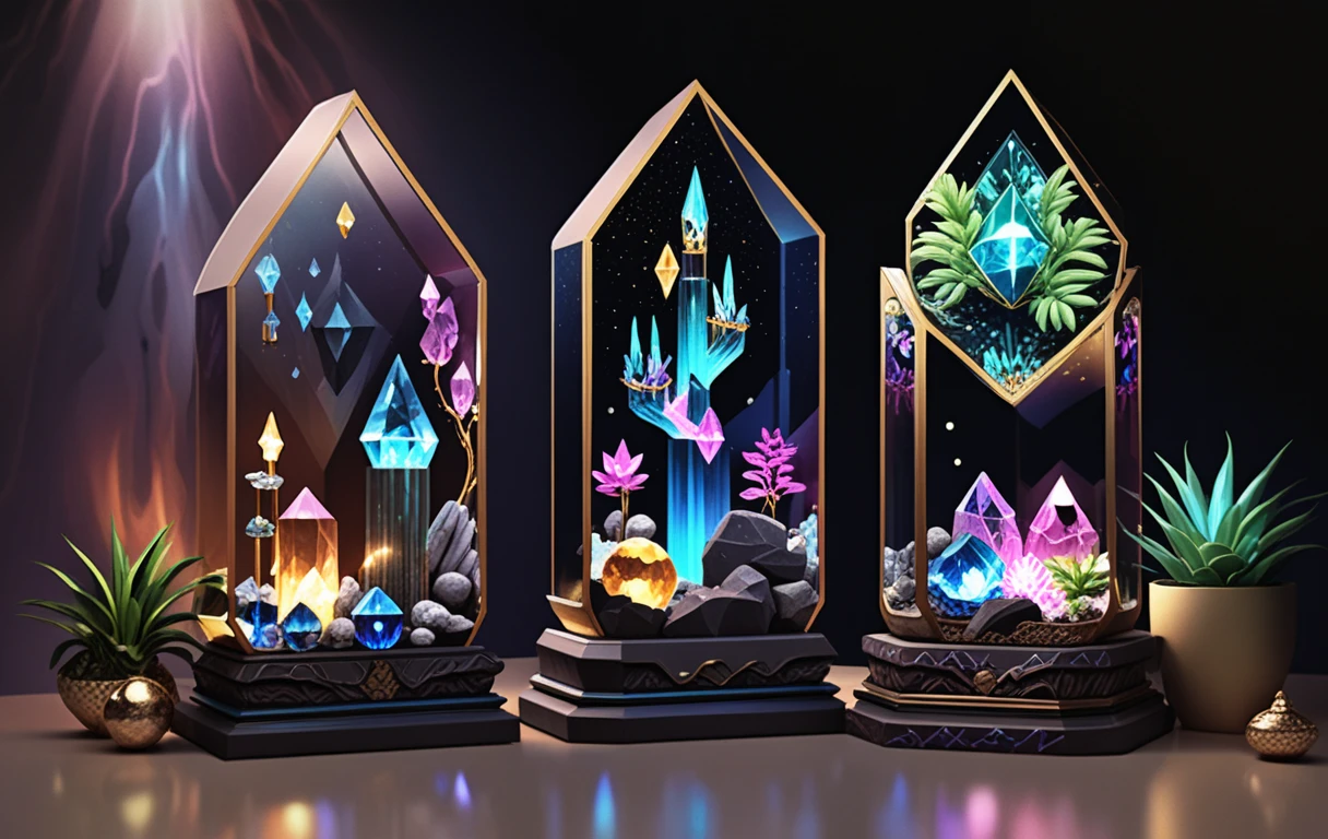 Crystal relic display with neon pink and blue lighting