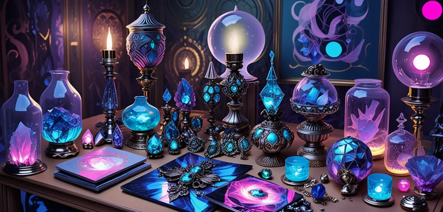 Fantasy crystal table display in a mystical apothecary shop