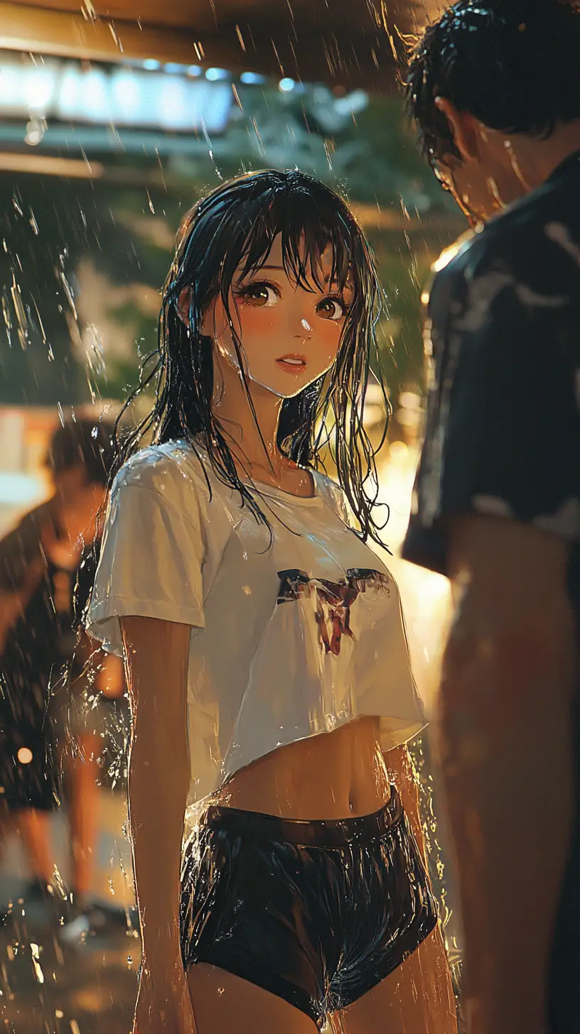 Fröhliches Anime-Mädchen tanzt im warmen Sommernachtsregen