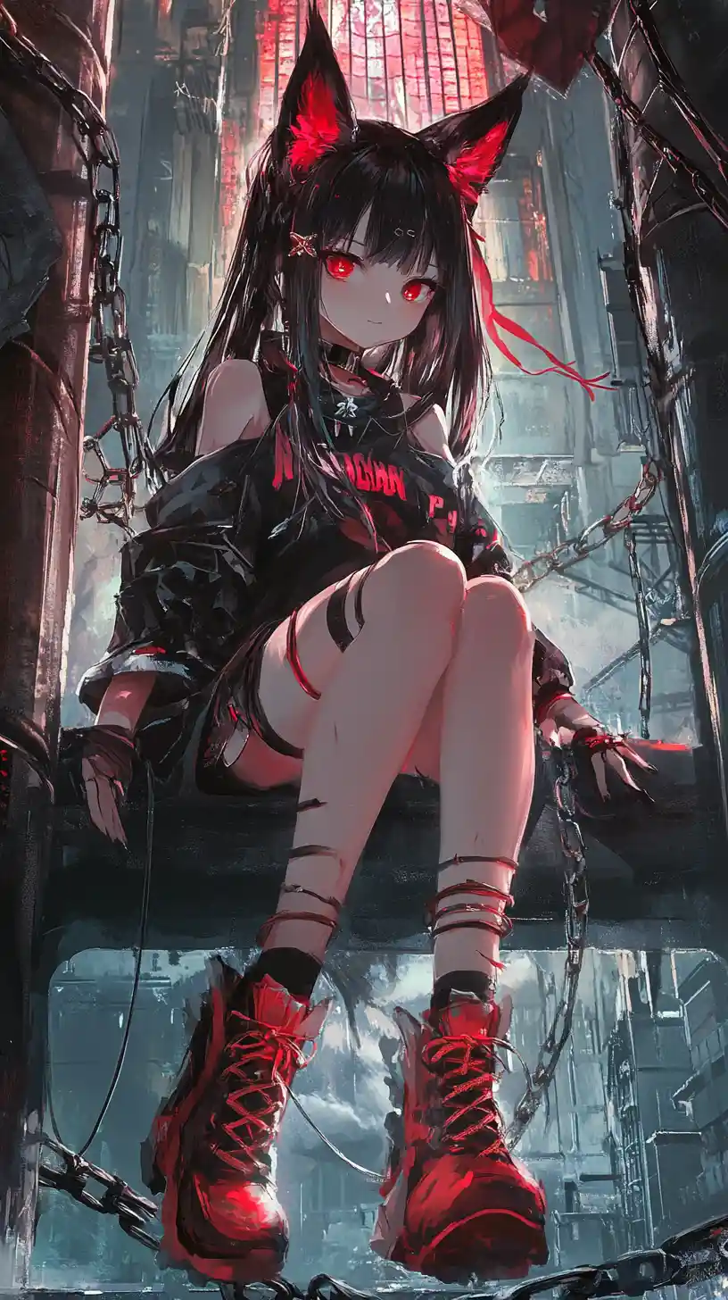 Anime girl with chains and red poncho sitting on brick wall