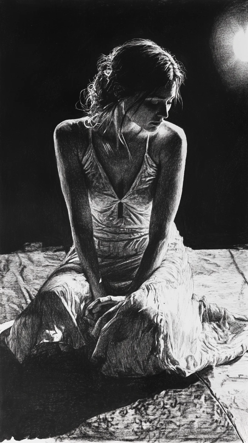 Elegant woman crouching in graphite chiaroscuro night drawing