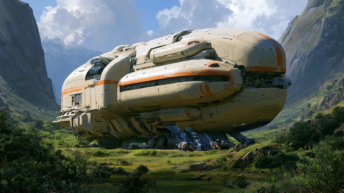 Colossal cargo starship landed in a lush mountain valley