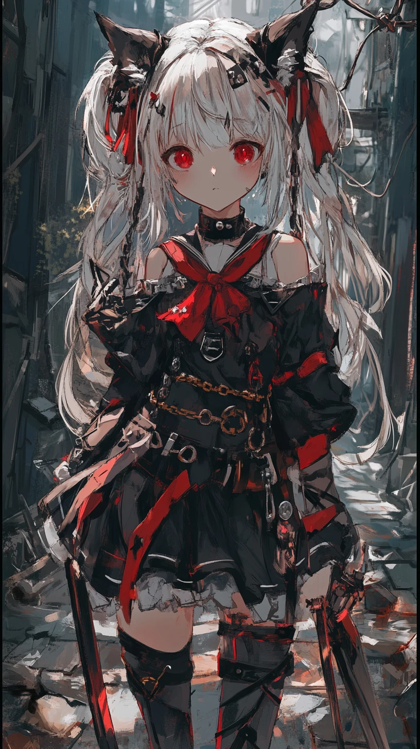 Ragazza anime con fiocco rosso e gonna nera con catene