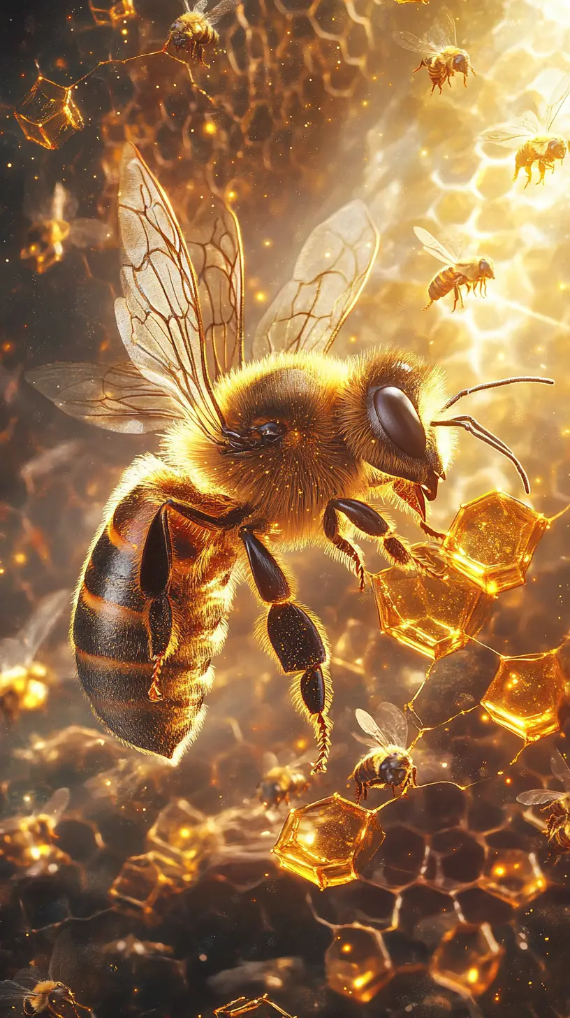Abeille héroïque bâtissant une cathédrale de rayons de miel lumineux dans une lumière ambrée