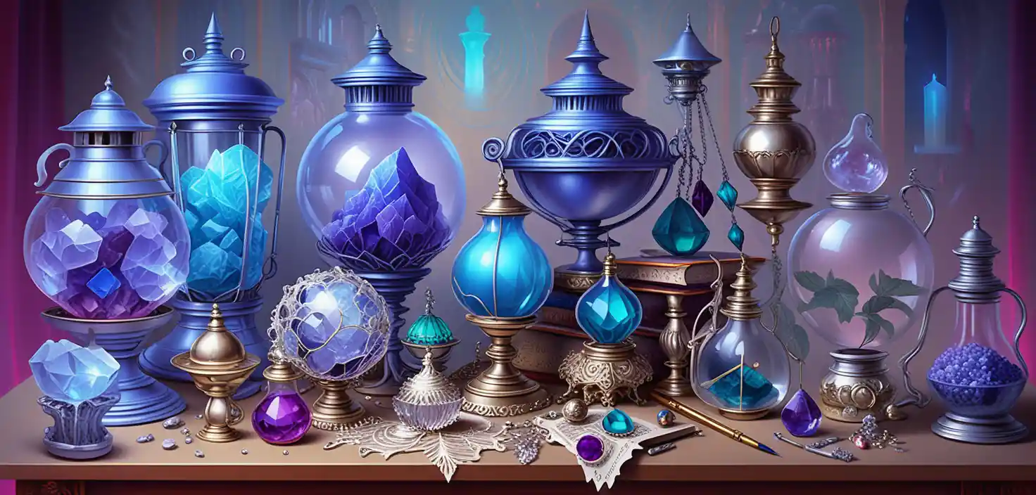 Fantasy tabletop crystals and magical curios in apothecary shop