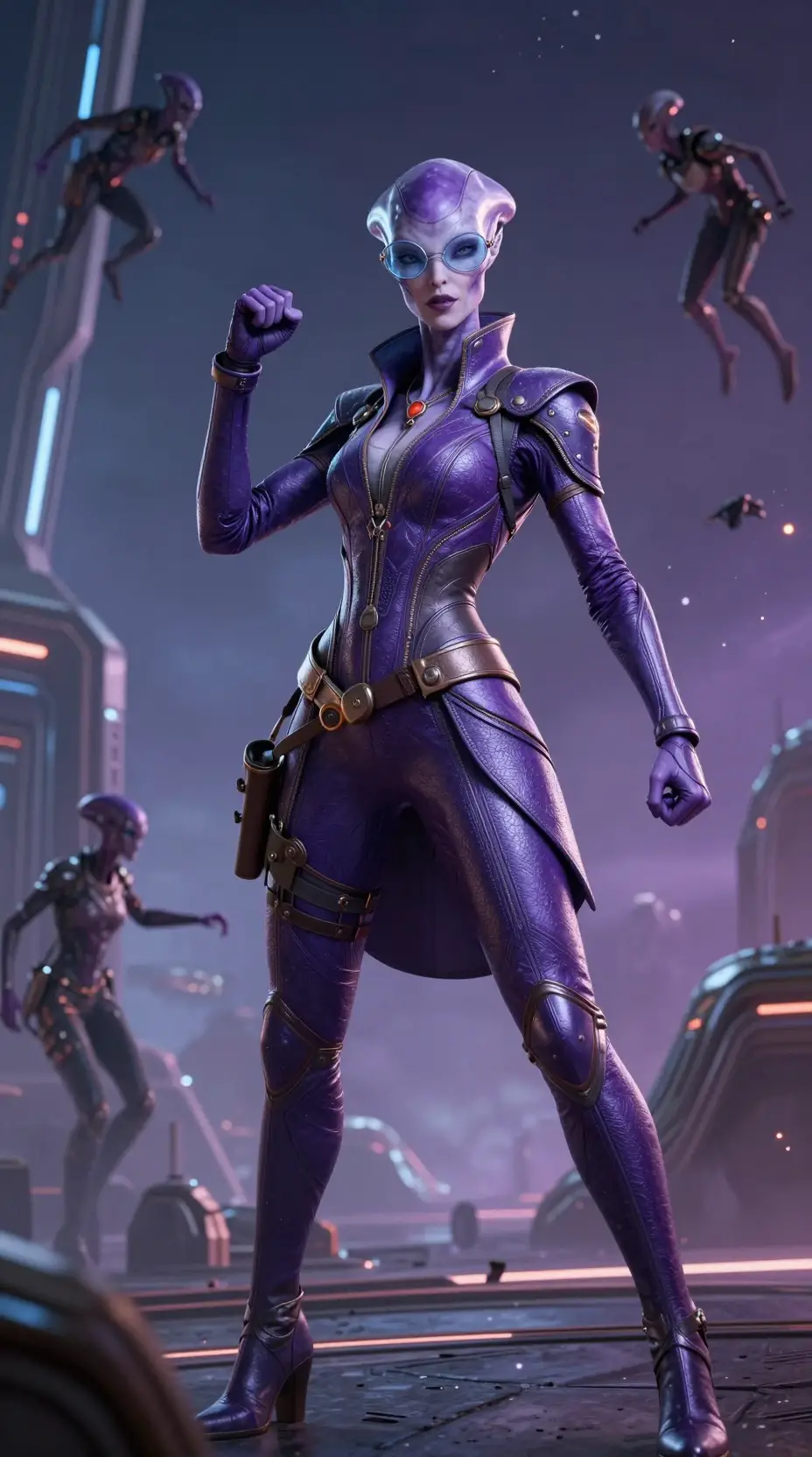 Violet skinned alien woman warrior in futuristic glasses