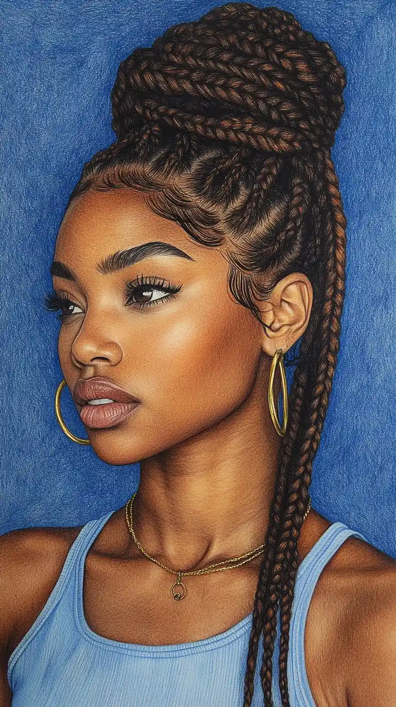 Portrait aux crayons de couleur d’une jeune femme noire aux tresses