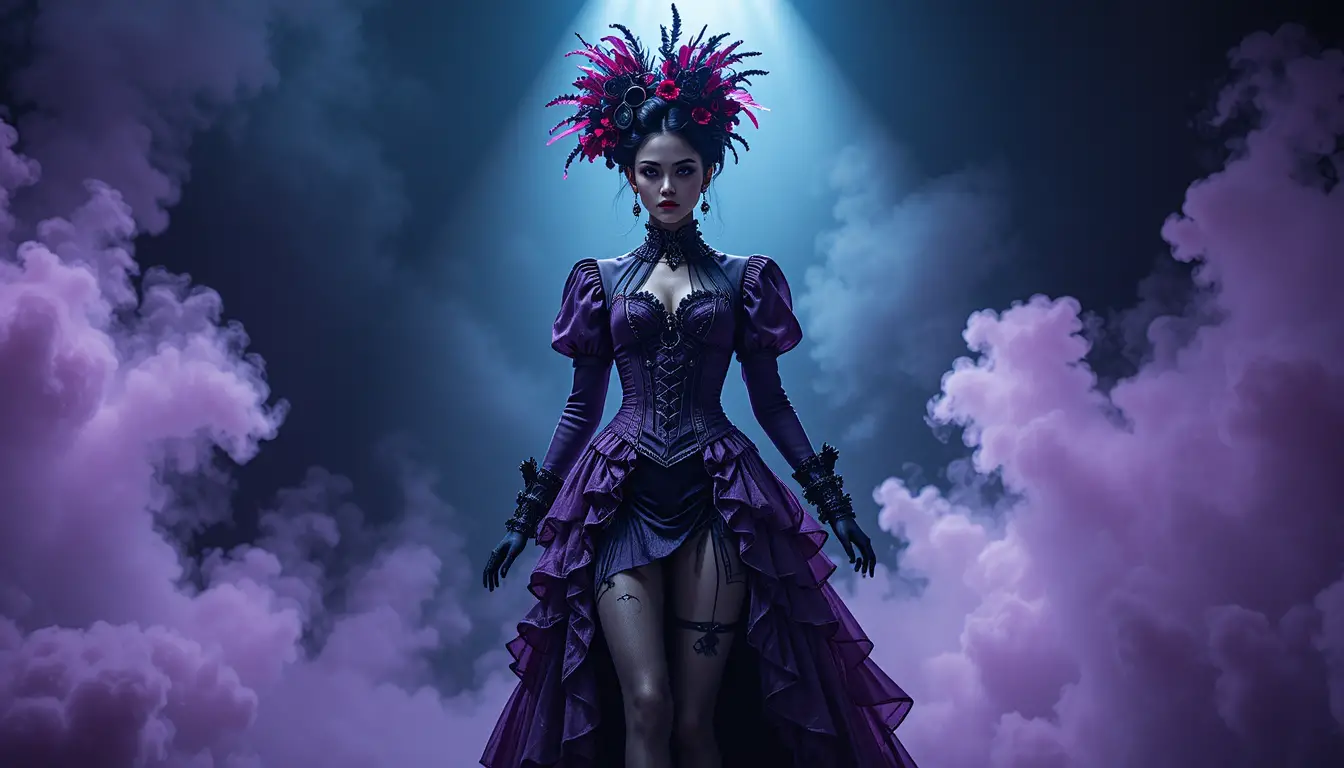 Steampunk-Modefrau im dramatischen Scheinwerferlicht