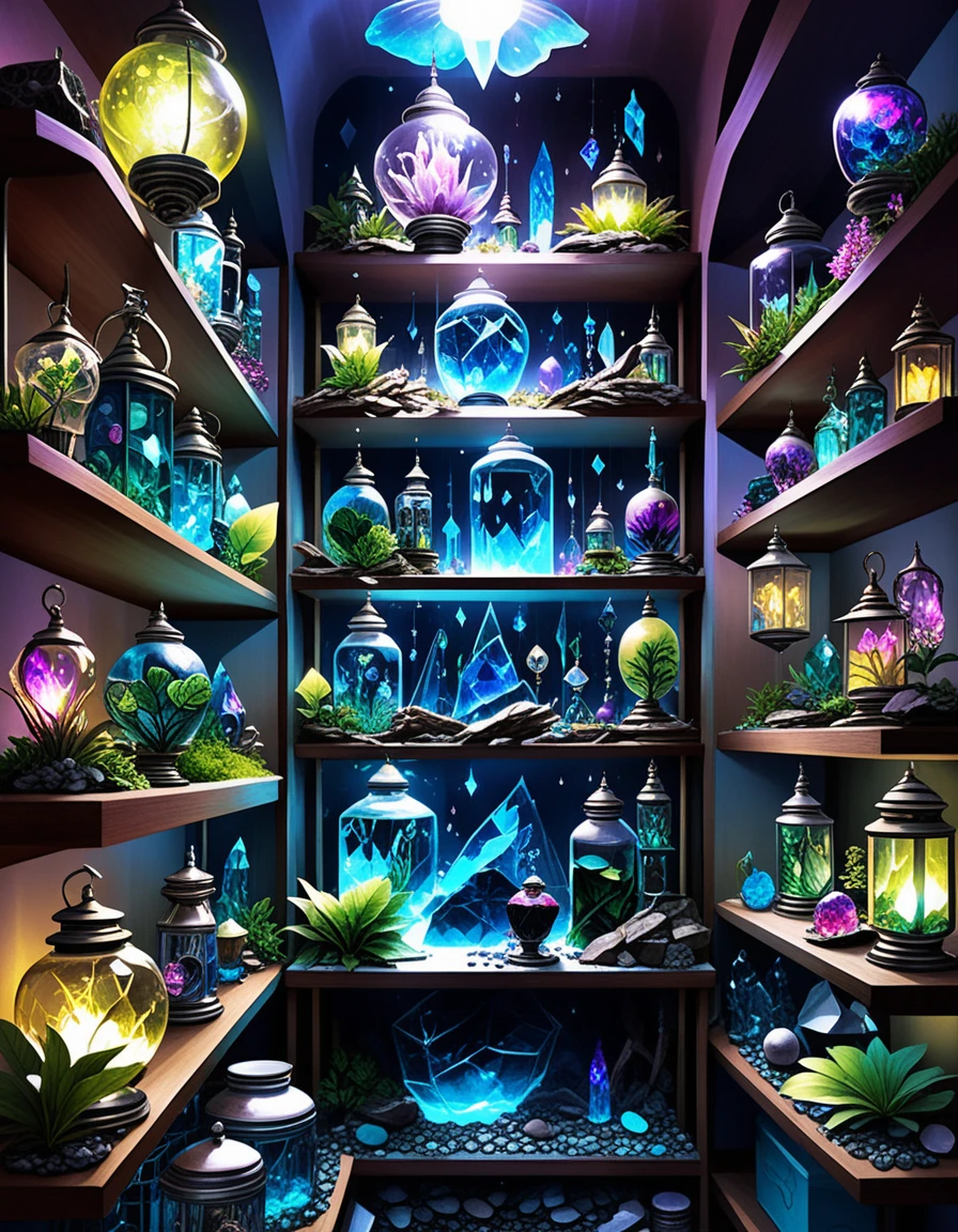 Mystical apothecary shop glowing with neon lanterns