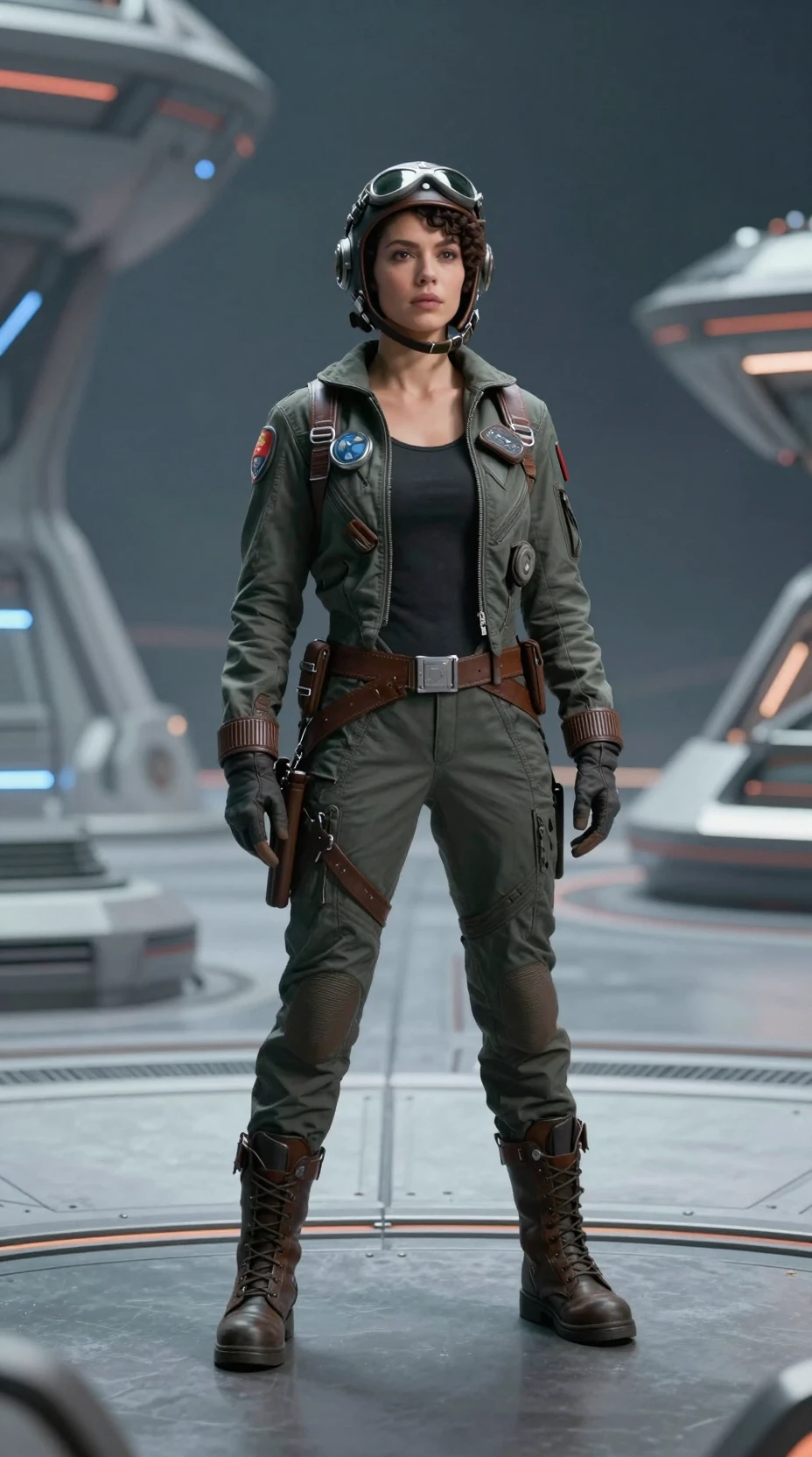 Short space pilot in flight suit with leather helmet